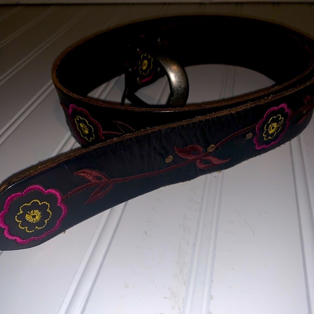 Hand made brown leather embroidered belt 39.5” long